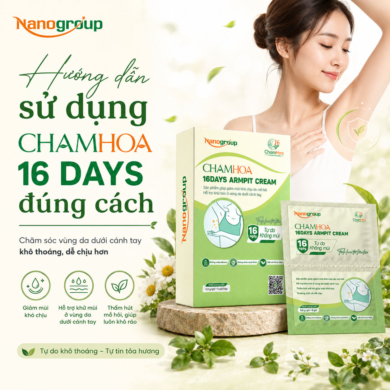 Hướng dẫn sử dụng kem chăm sóc vùng da dưới cánh tay ChamHoa 16 Days đúng cách